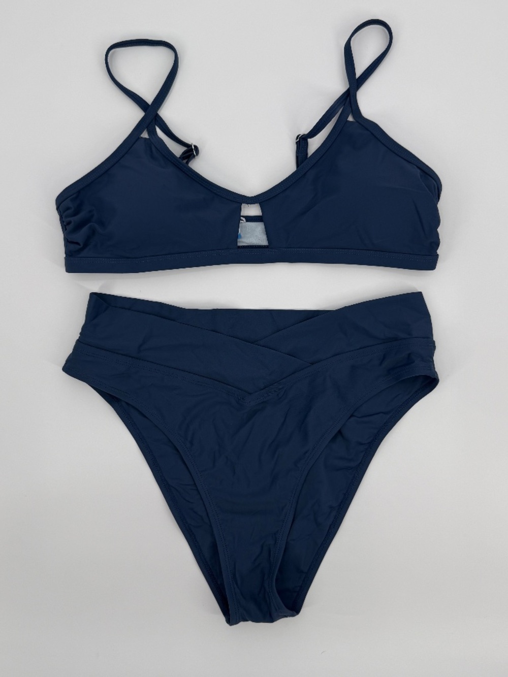 High Waisted Bikini Navy Blue Keyhole Top Crossover Bottoms Beach Resortwear L